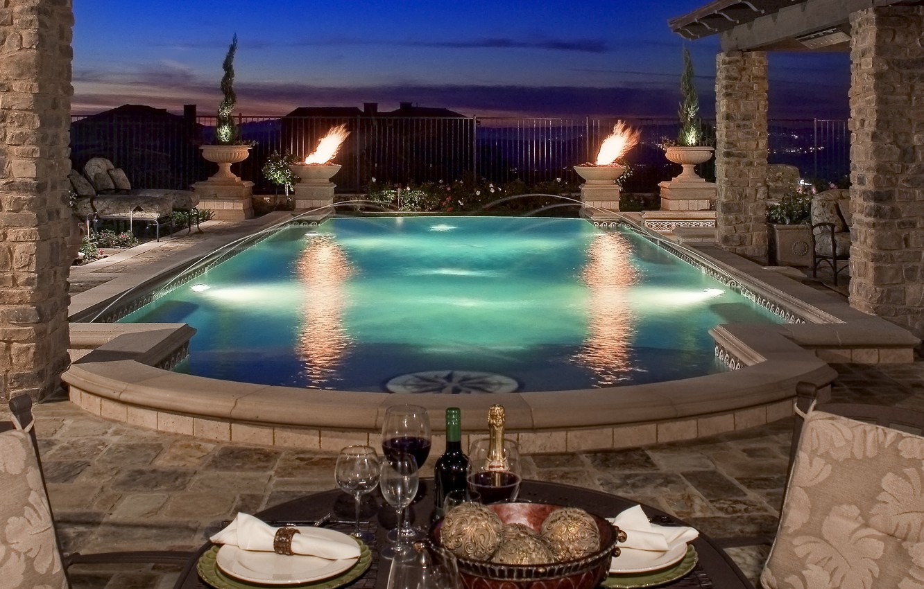 Photo Wallpaper Pool, California, Villa, Terrace, Sacramento - Infinity Pool With Fire - HD Wallpaper 