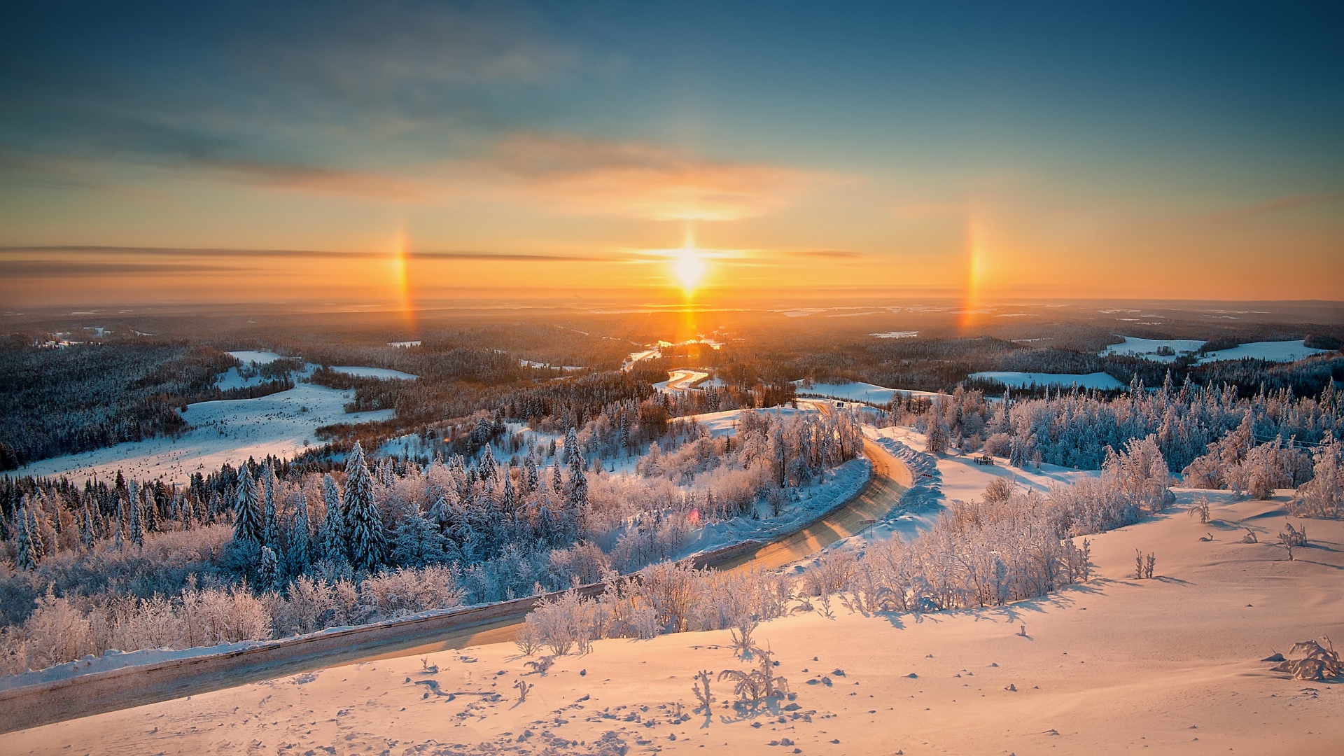 Wallpaper Road Finland Sunrise Top View Forest Snow - Ural Russia - HD Wallpaper 