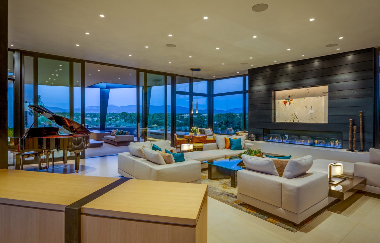 Photo Wallpaper Villa, Interior, Piano, Fireplace, - Living Room Villa Ans A Piano - HD Wallpaper 