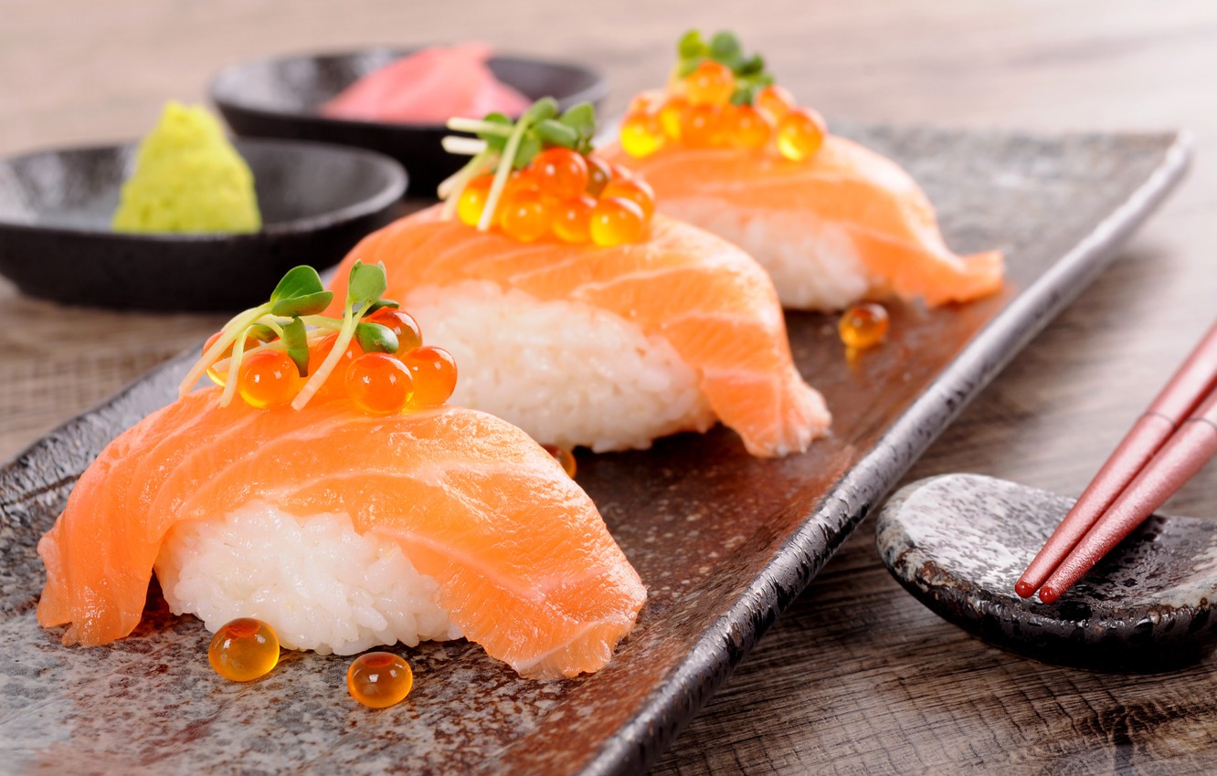 Photo Wallpaper Table, Sticks, Figure, Sushi, Wasabi, - Sushi Mit Kaviar - HD Wallpaper 
