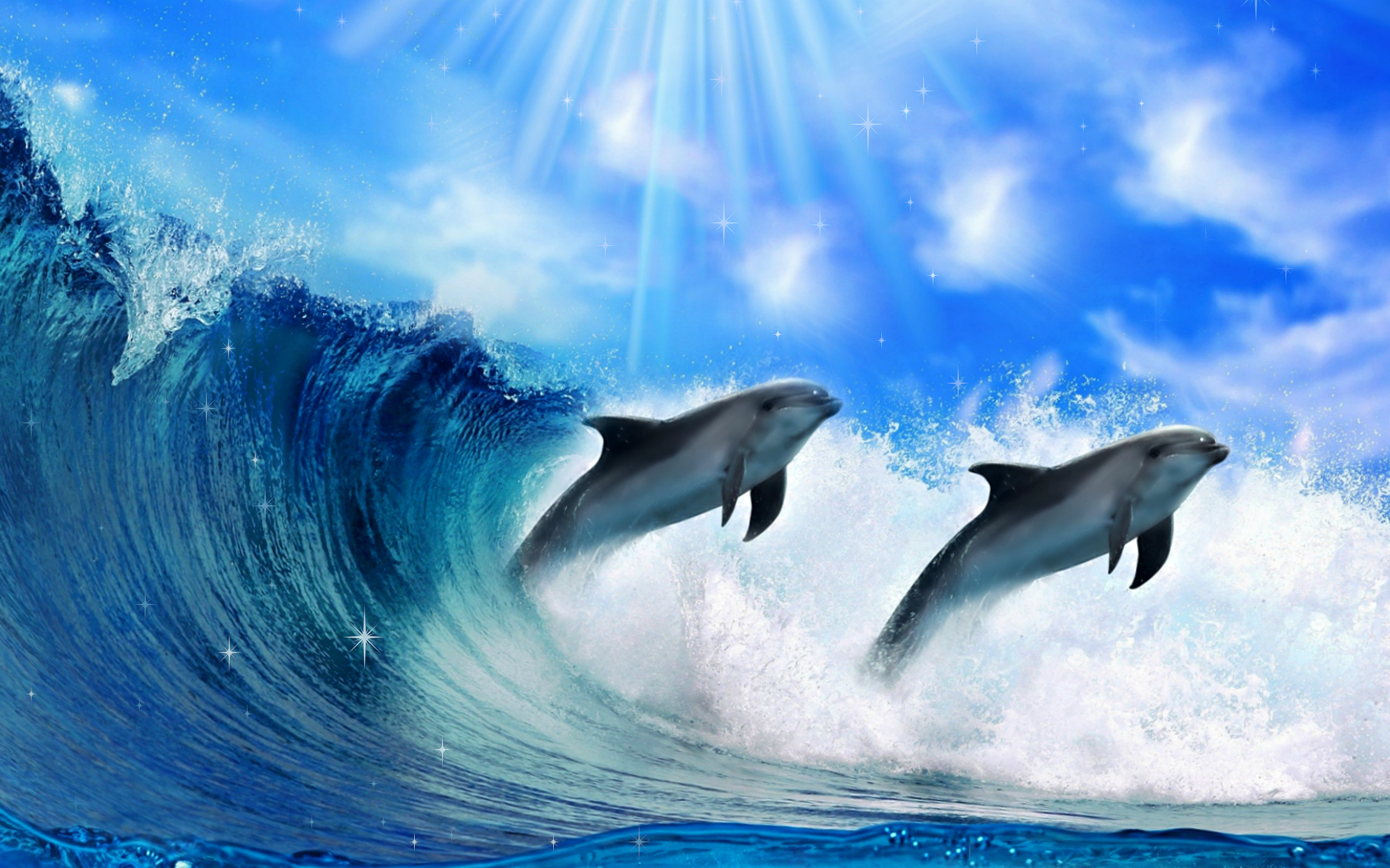 Dolphins In The Surf Wide Desktop Background - Dolphin Computer Background - HD Wallpaper 