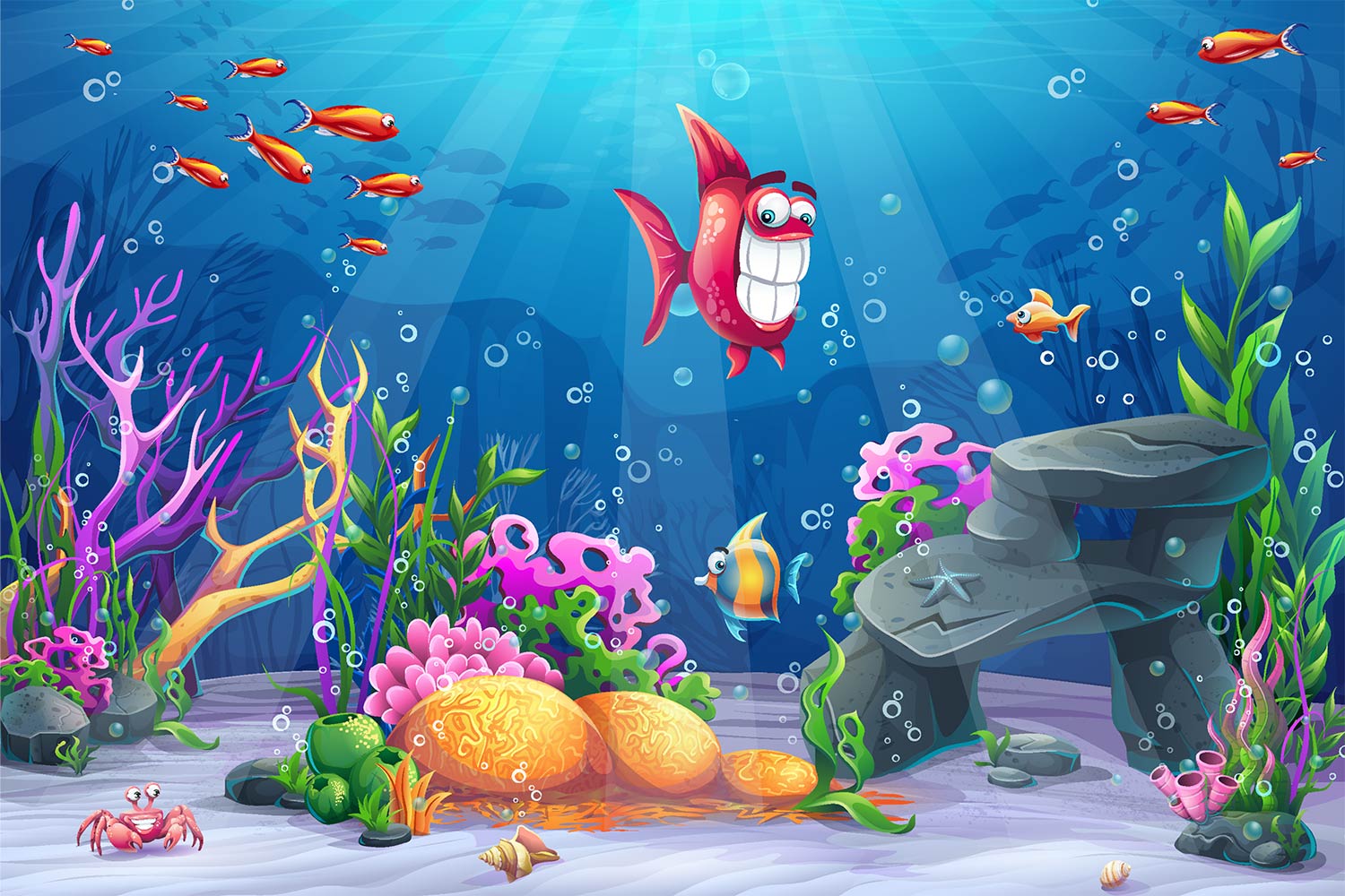 Happy Fish - Underwater Cartoon Ocean Background - 1500x1000 Wallpaper -  