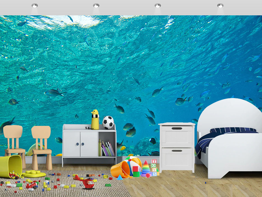 Coastal View Of Aquatic Life Fish Water Mural Gliding - Seamless Pattern Aztec Hd - HD Wallpaper 