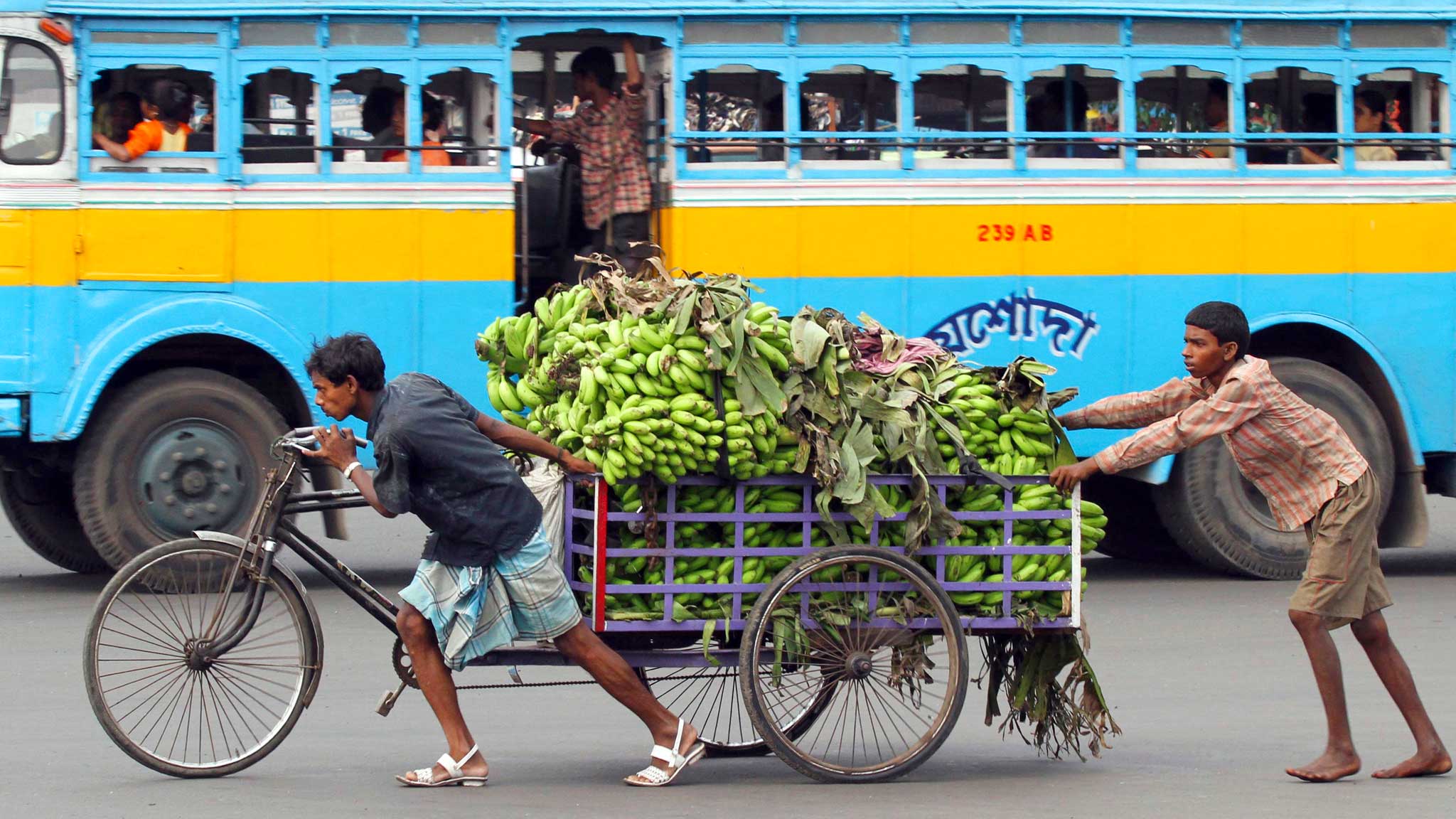 India Boy Pushing Bikes With Bananas - Cycling - HD Wallpaper 