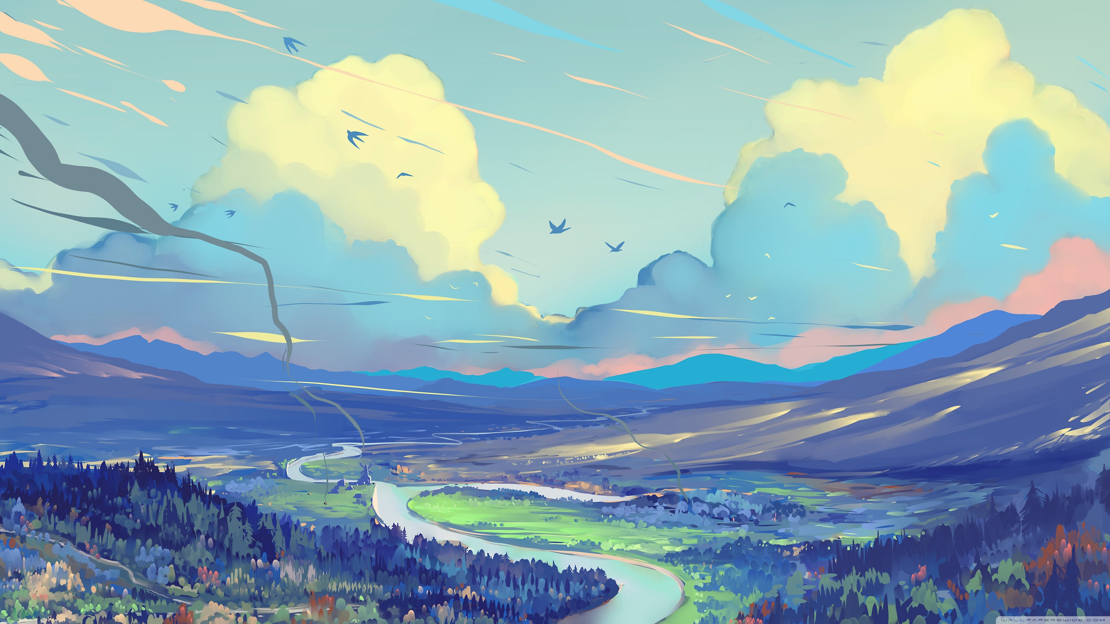 River Valley Flying Birds Wallpaper - Landscape Digital Art Painting - HD Wallpaper 