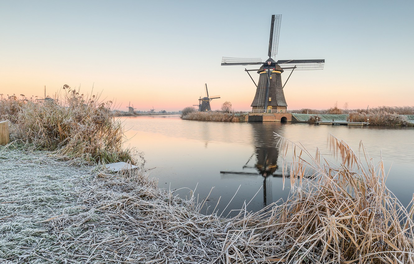 Photo Wallpaper Winter, Morning, Sunrise, Dawn, Netherlands, - Windmill - HD Wallpaper 