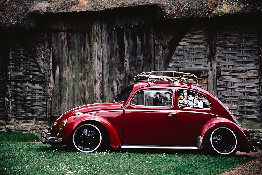 Red Volkswagen Beetle Coupe Parked On Green Grass, - Volkswagen Beetle Hd - HD Wallpaper 