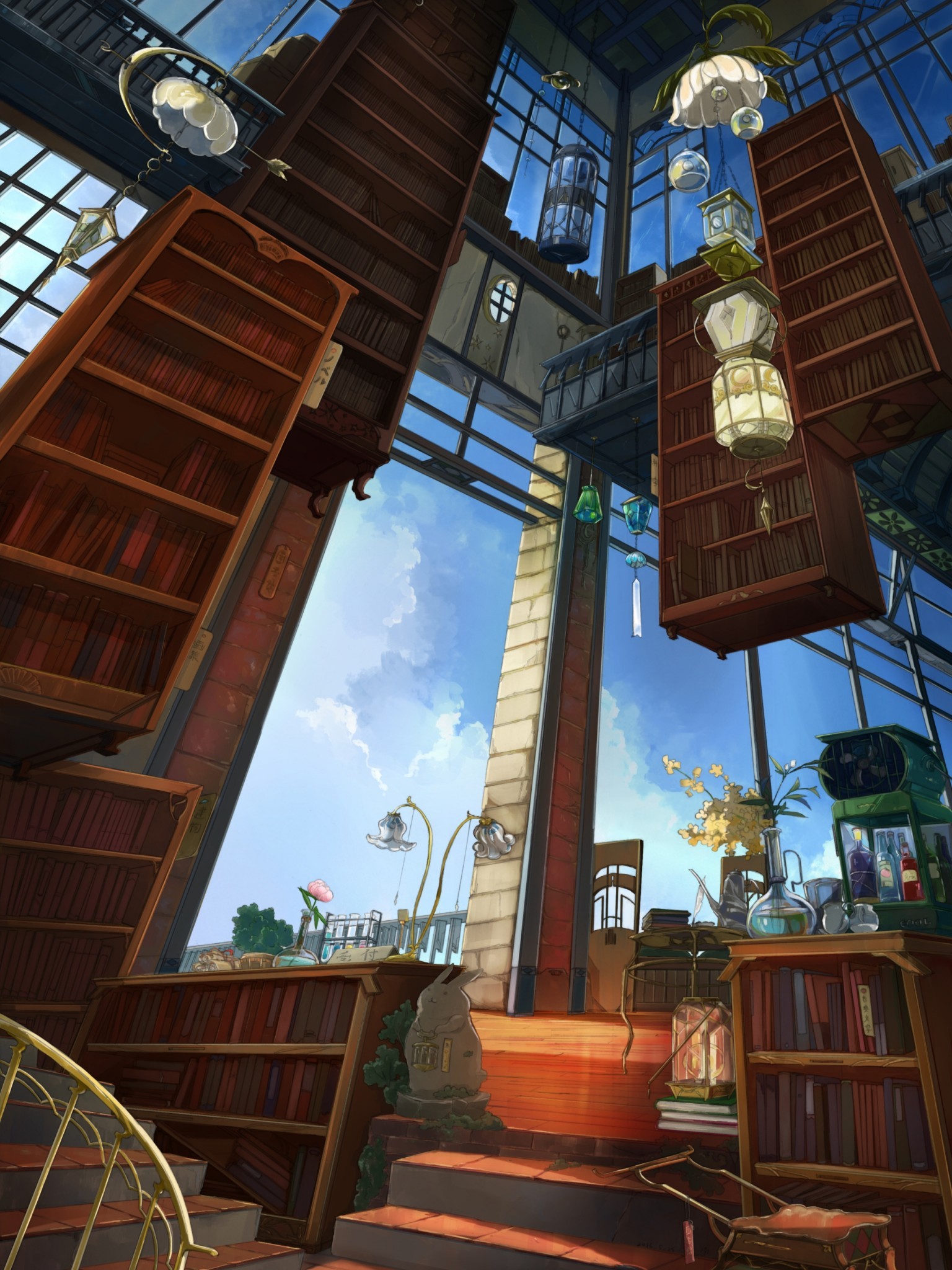 Fantasy World, Bookshelf, Sky, Stairs, Library, Books - Sky Anime Fantasy World - HD Wallpaper 