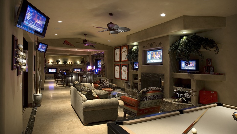 Game, Room Bar, Billiards, Billiard, Interior, Pool - Living Room With Pool Table And Bar - HD Wallpaper 