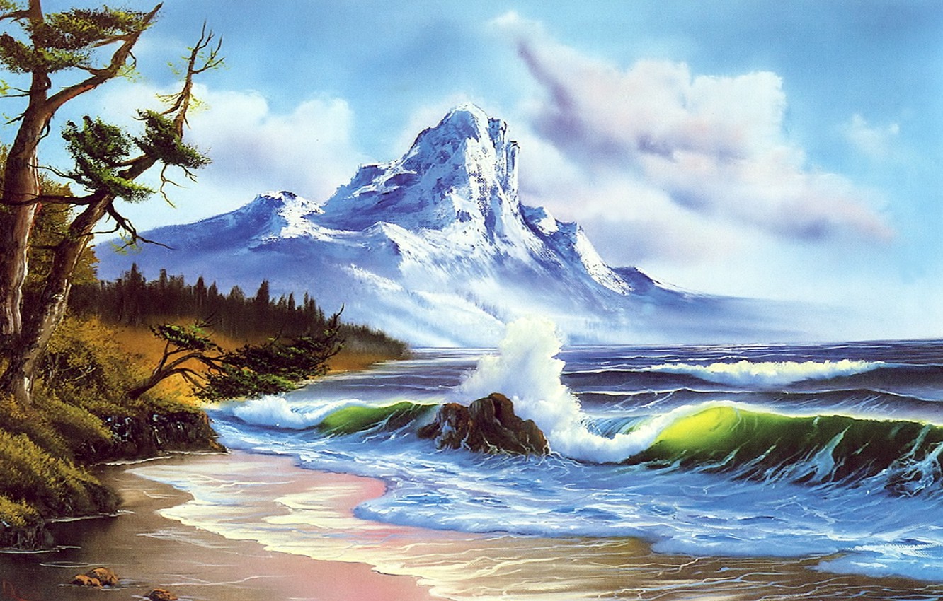 Photo Wallpaper Sea, Forest, The Sky, Foam, Water, - Bob Ross Worst Painting - HD Wallpaper 