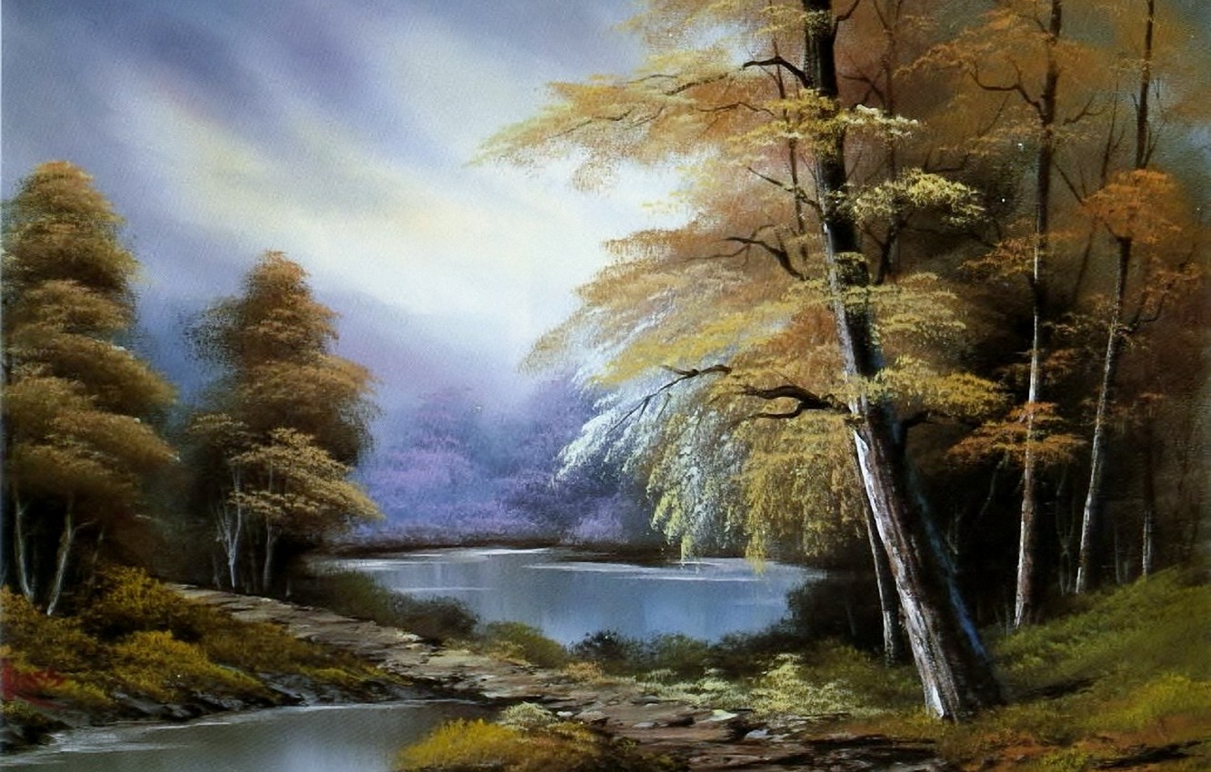 Photo Wallpaper Autumn, Forest, The Sky, Water, Trees, - Mtg Bob Ross Lands - HD Wallpaper 