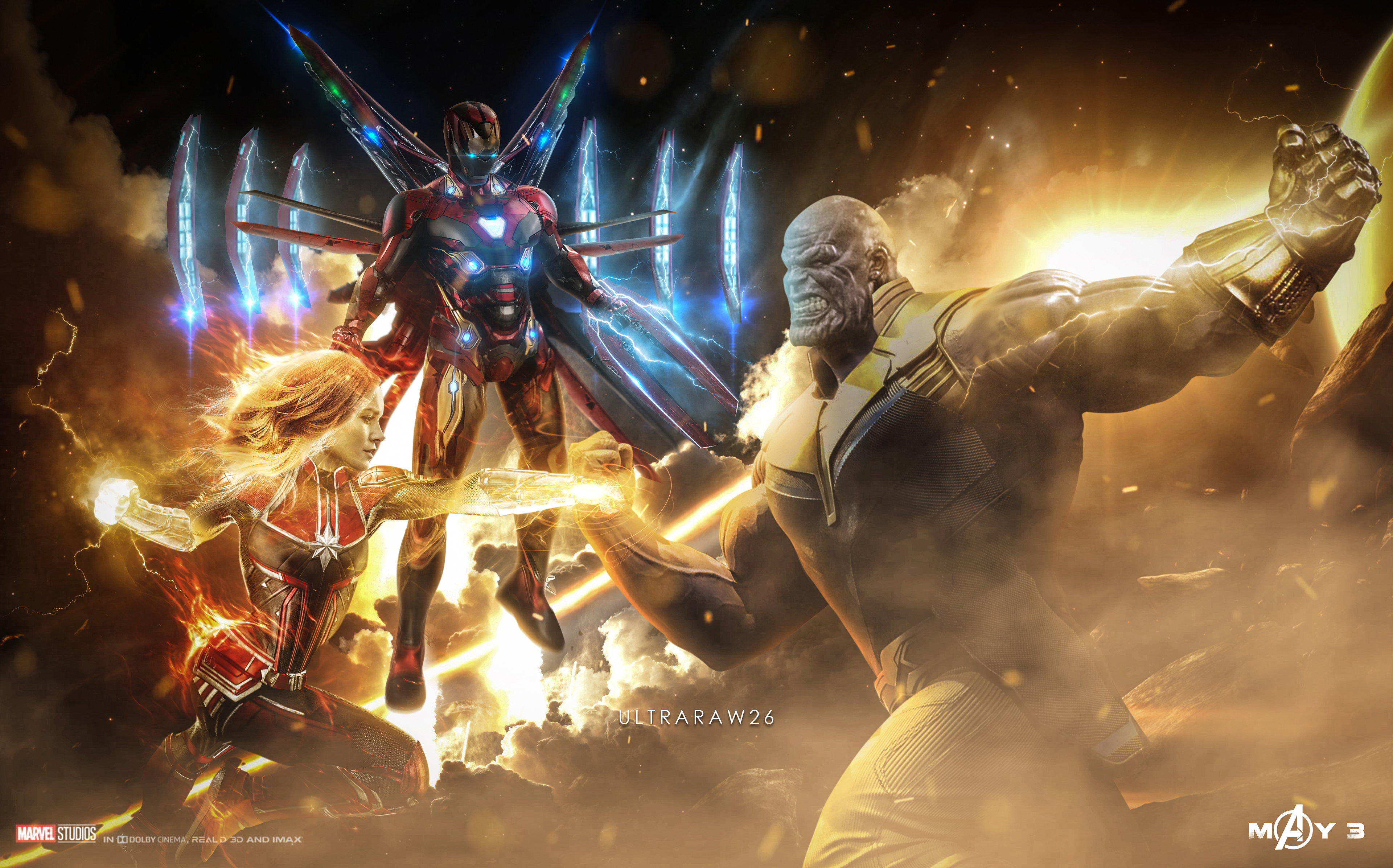 Captain Marvel Thanos Iron Man Artwork - HD Wallpaper 