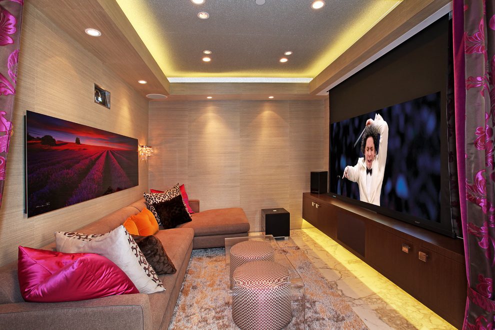 Small Tv Room Home Theater Contemporary With Cove Lighting - Living Room - HD Wallpaper 