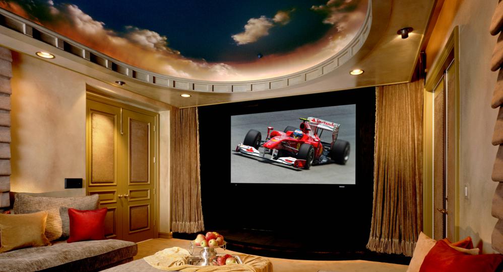 Home Theater Room With Light Brown Plush Seating Gold - Luxury Home Theaters - HD Wallpaper 