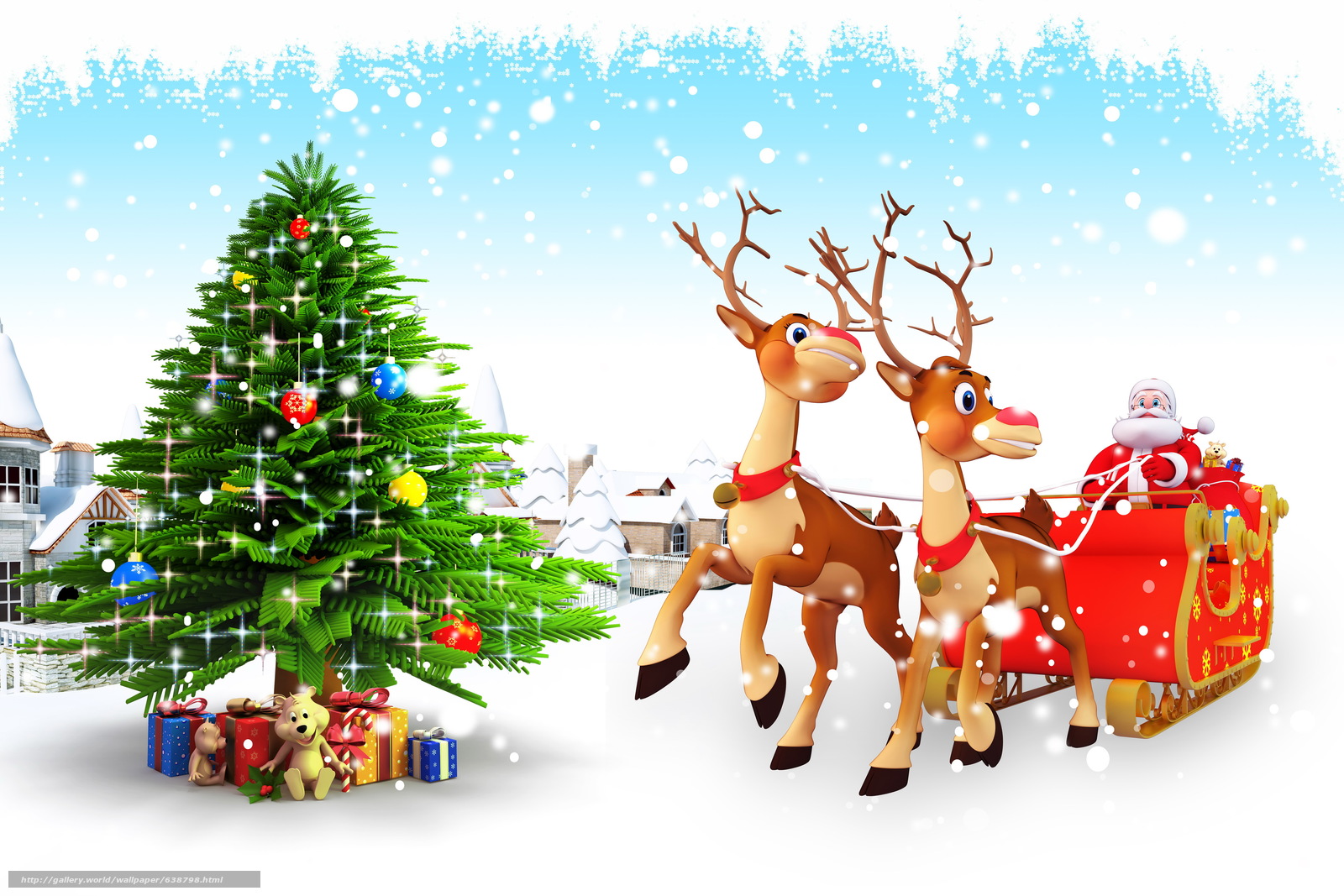 Download Wallpaper Santa Claus, Christmas Tree, Christmas - Christmas Tree And Sleigh - HD Wallpaper 