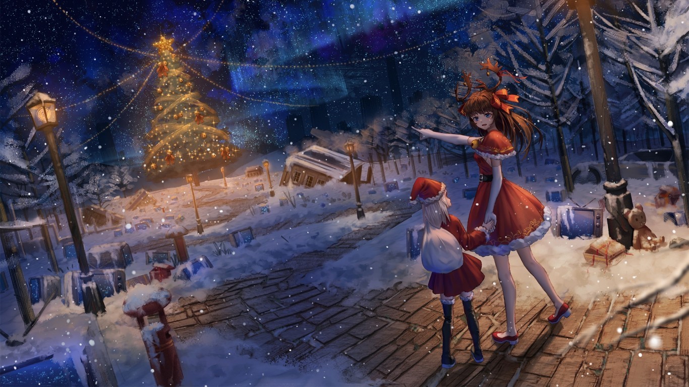 Anime Christmas 2018, Santa Clothes, Tree, Snow, Scenic - HD Wallpaper 