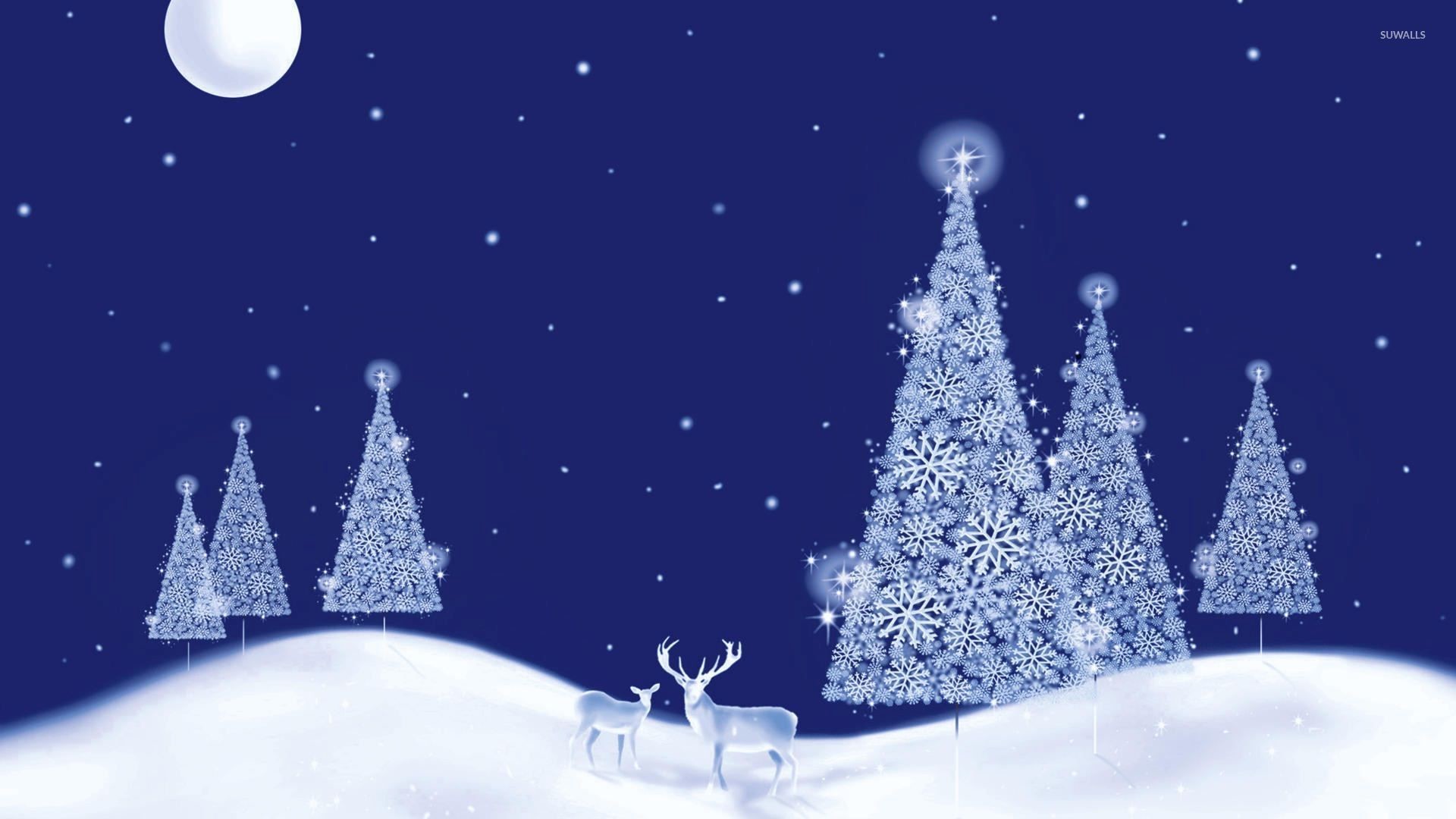 Glowing White Christmas Trees On A Beautiful Winter - White Christmas Tree Background - HD Wallpaper 
