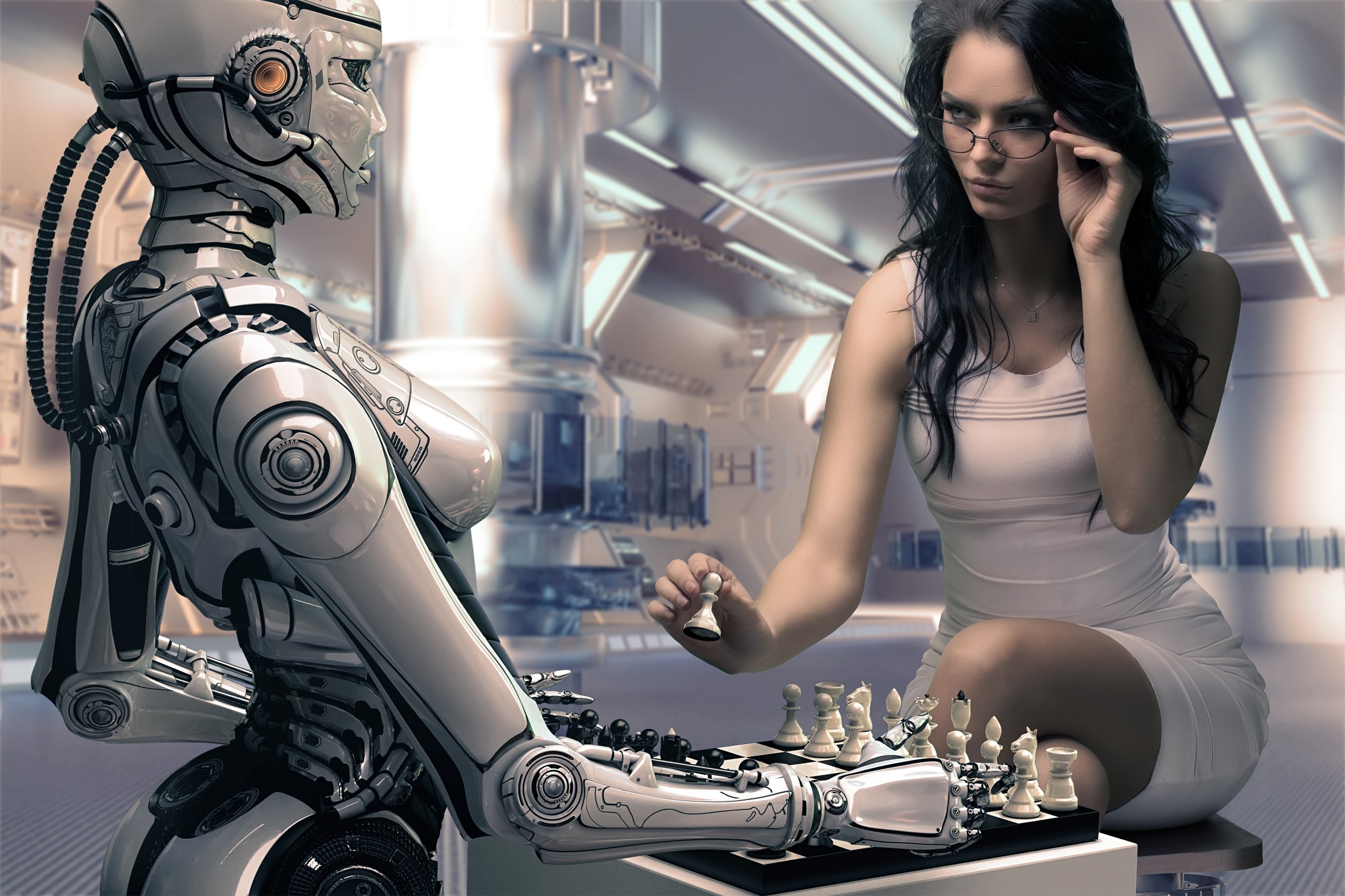 Photo Wallpaper Chess, Artificial Intelligence, Human - Female Robot - HD Wallpaper 