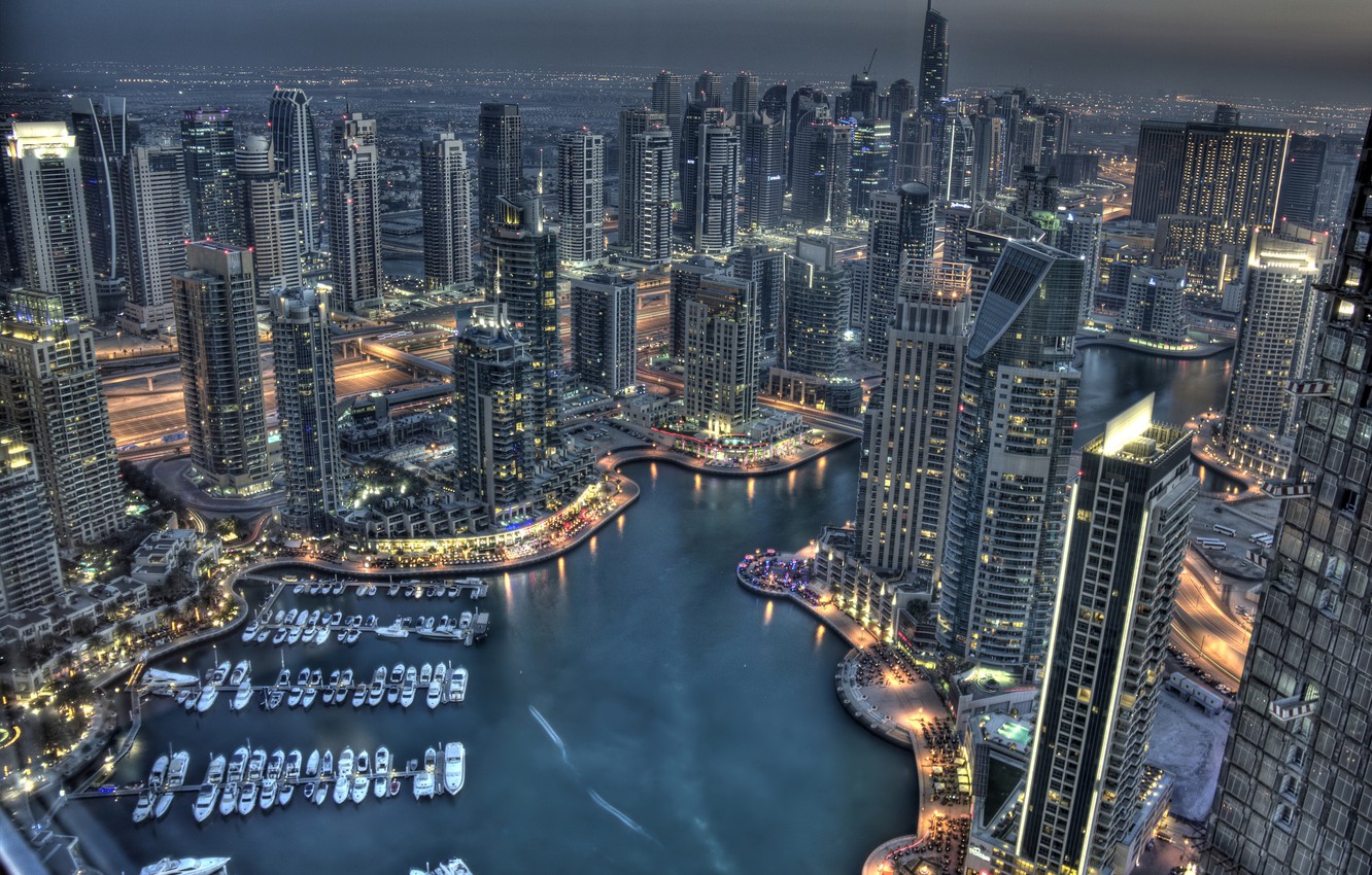 Photo Wallpaper Building, Yachts, Bay, Dubai, Night - Обои На Рабочий Стол Дубай - HD Wallpaper 