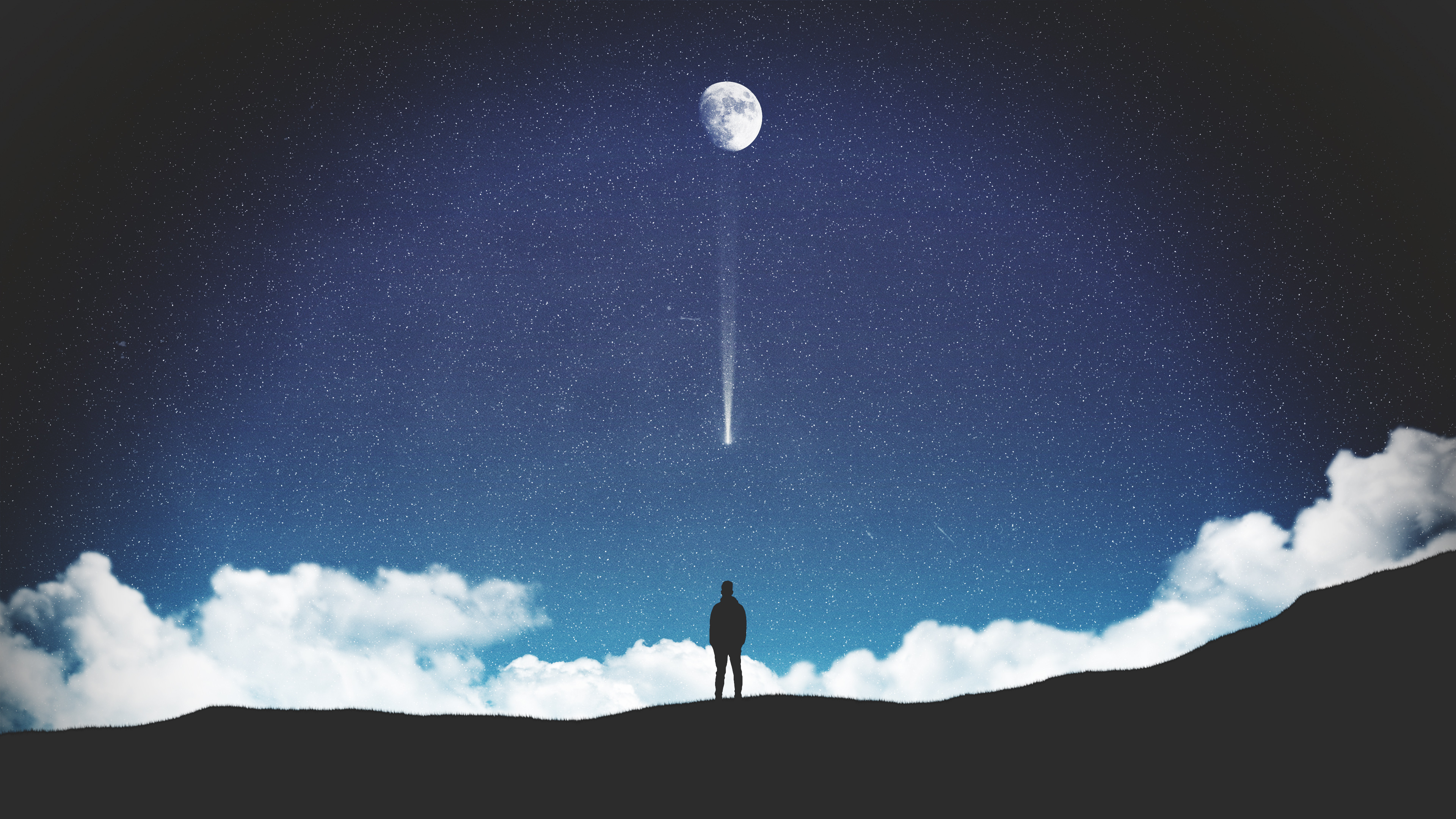 Dream Alone Silhouette 4k Wallpapers - Lonely Man On The Moon - HD Wallpaper 