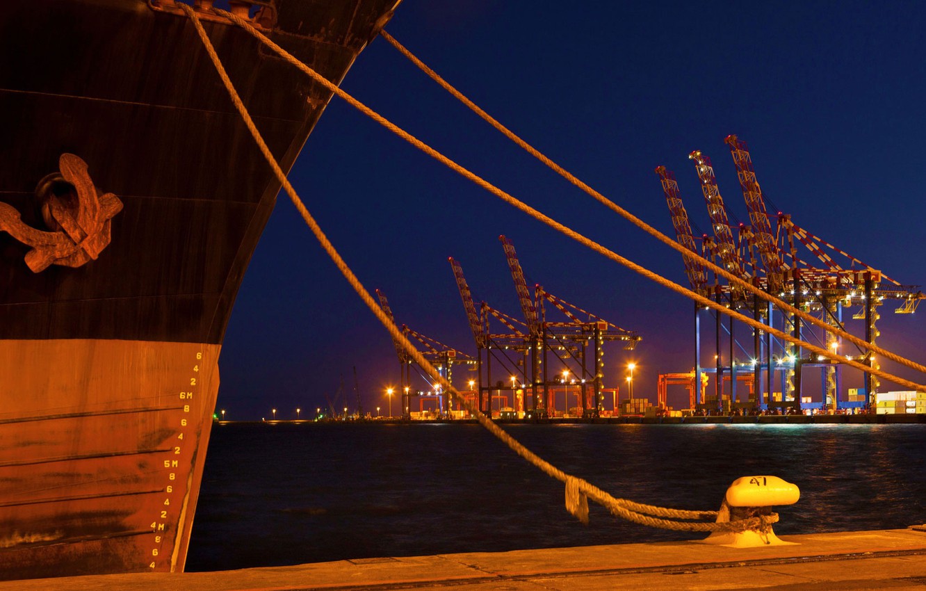 Photo Wallpaper Lights, Ship, Crane, Port, South Africa, - Crane Port - HD Wallpaper 