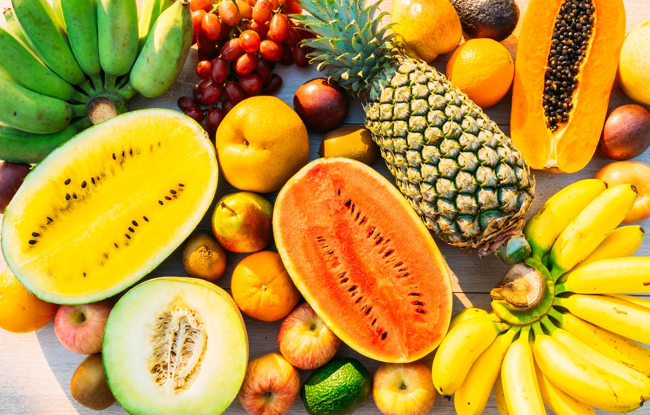 Photo Wallpaper Berries, Watermelon, Bananas, Fruit, - Mixed Fruits - HD Wallpaper 