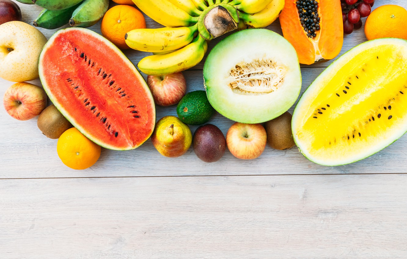 Photo Wallpaper Berries, Watermelon, Bananas, Fruit, - Apple Mixed With Other Fruit - HD Wallpaper 