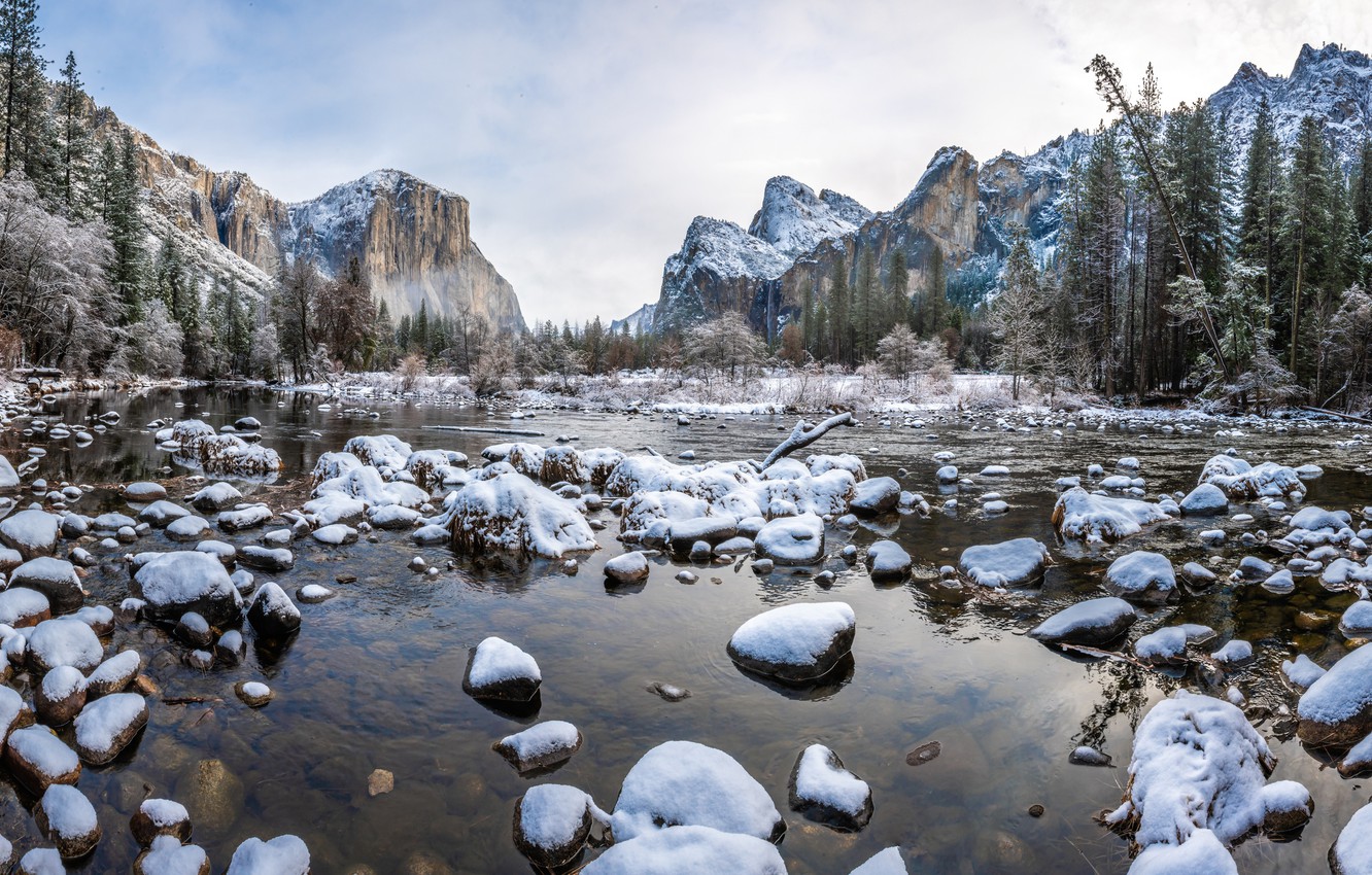 Photo Wallpaper Winter, Nature, Yosemite National Park - Yosemite Valley Merced River Winter - HD Wallpaper 