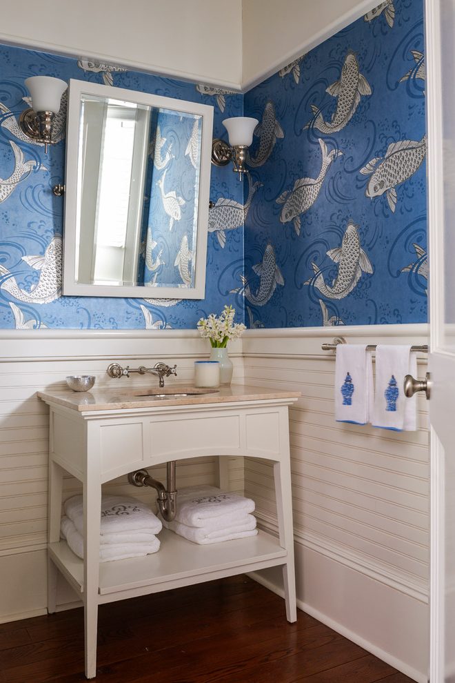 Fish Wallpaper Powder Room Traditional With Blue And - Blue Wallpaper In Powder Room - HD Wallpaper 