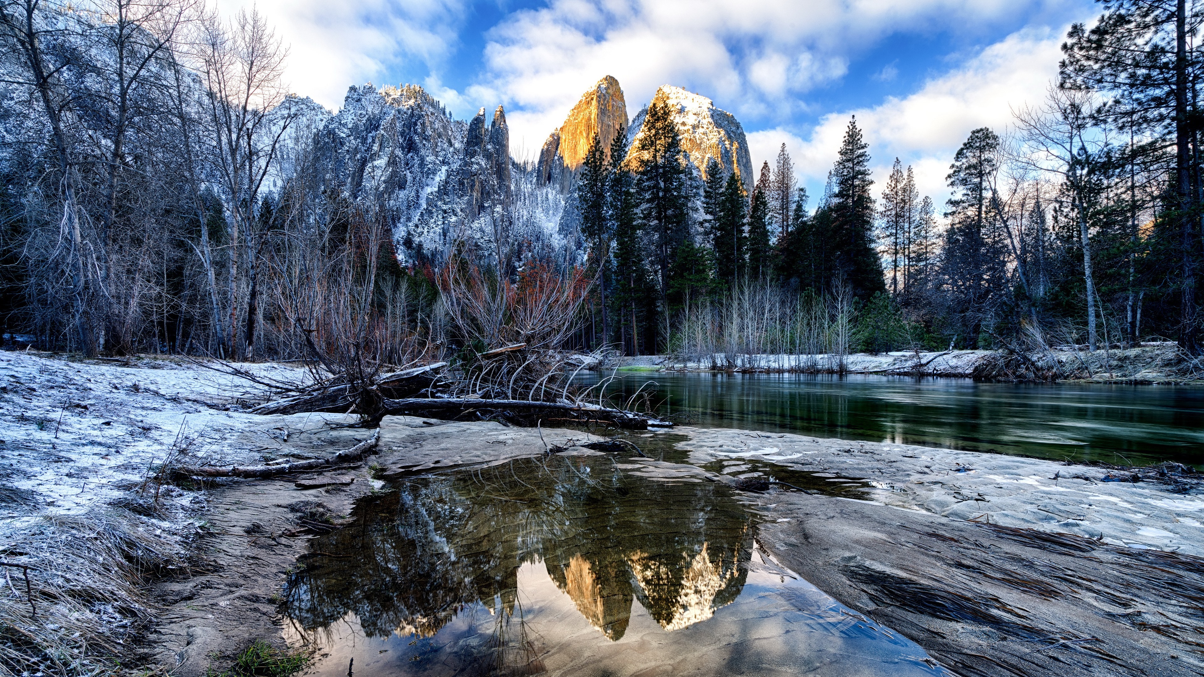 Wallpaper Winter, River, Trees, Mountains, Snow, Yosemite - 優勝 美 地 冬天 - HD Wallpaper 