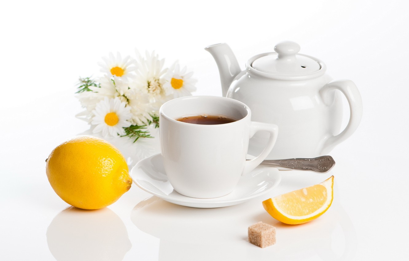 Photo Wallpaper Lemon, Tea, Daisy, Teapot - Tea Set Hd - HD Wallpaper 