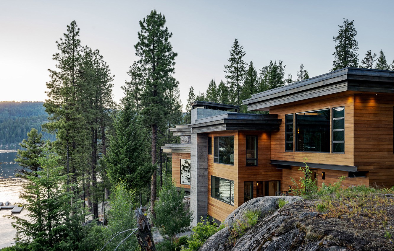 Photo Wallpaper Forest, Mountains, Villa, Usa, Idaho, - Modern Cliff House - HD Wallpaper 
