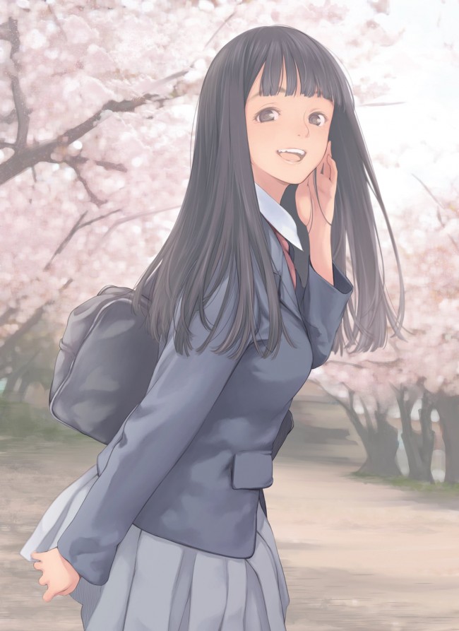 Anime School Girl, Smiling, Long Hair, Uniform, Cherry - Anime School Girl With Long Hair - HD Wallpaper 