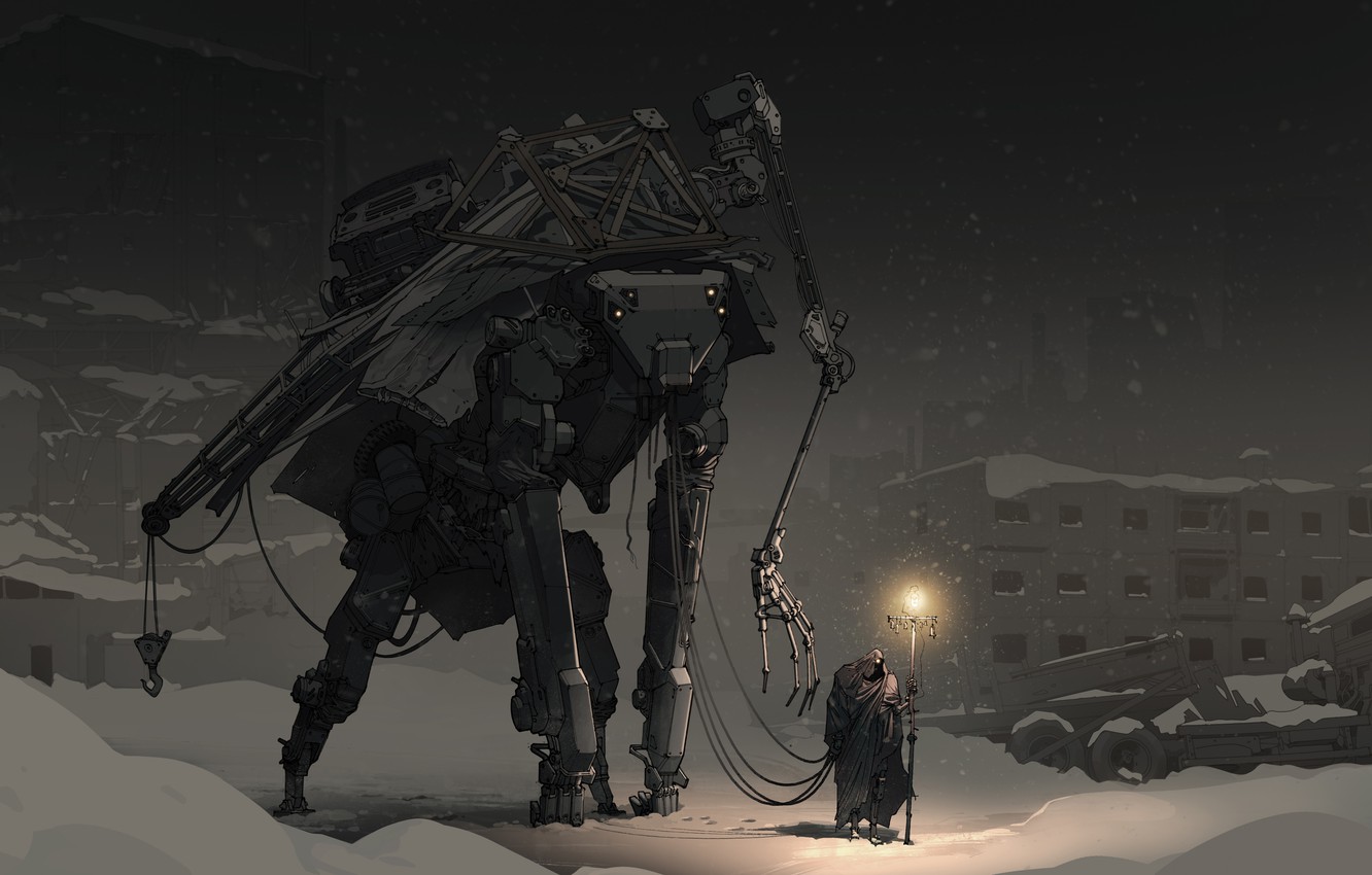 Photo Wallpaper Winter, Light, Fiction, People, Robot, - Big Robots Post Apocalyptic - HD Wallpaper 