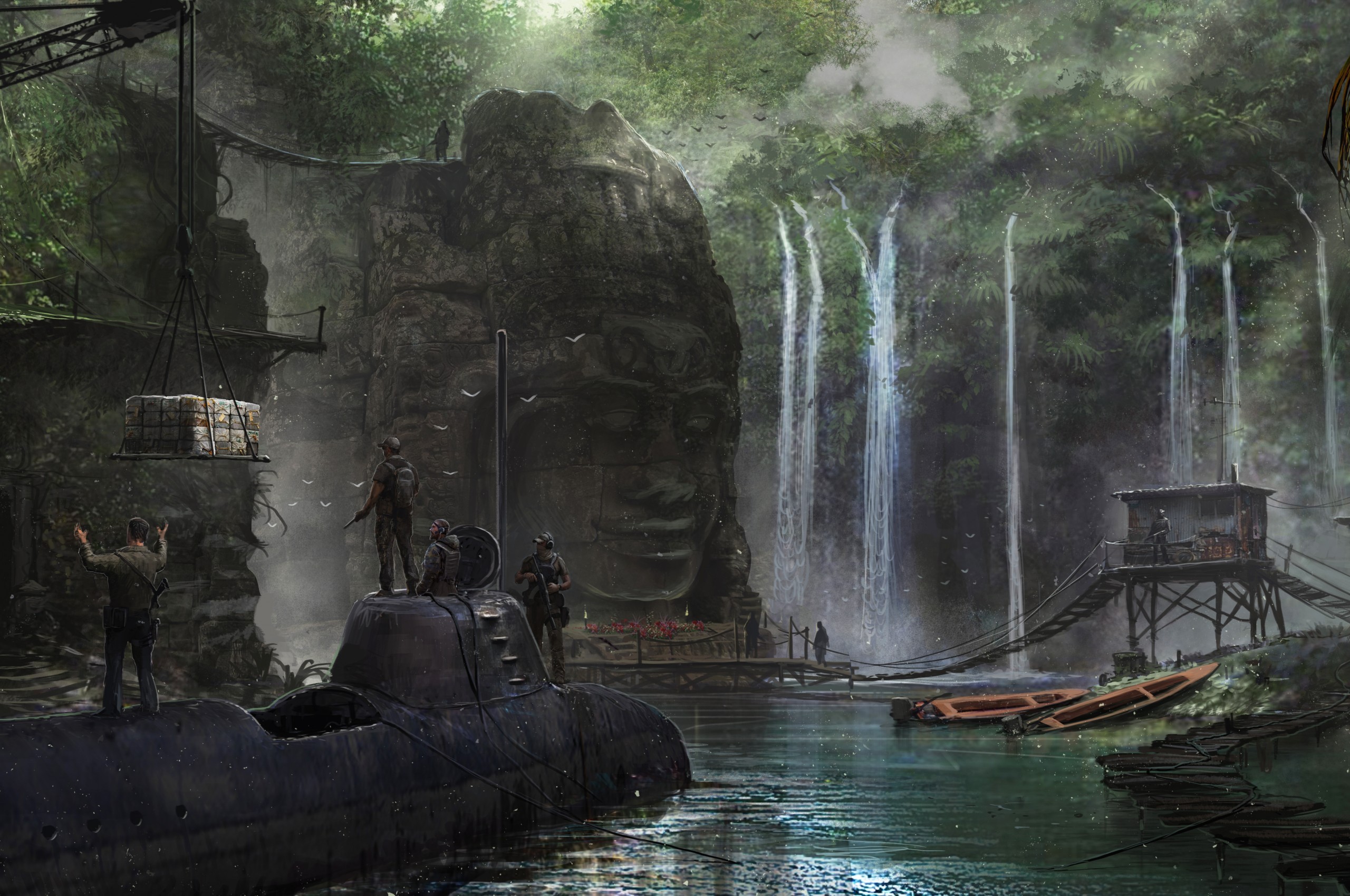Submarine, Waterfall, Nature, People, Sci Fi, Post - HD Wallpaper 