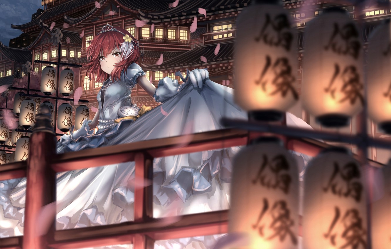 Photo Wallpaper Girl, The City, Petals, Lanterns, Tomoe - Temple - HD Wallpaper 