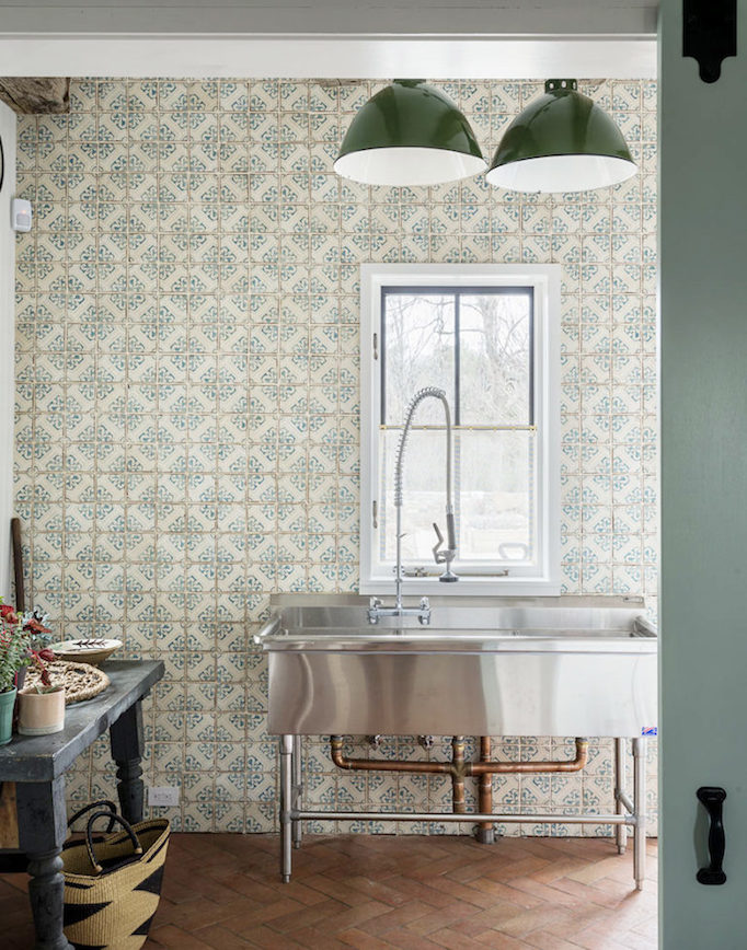 Modern Farmhouse Butlers Pantry - Cream And Green Mosaic Tile - HD Wallpaper 