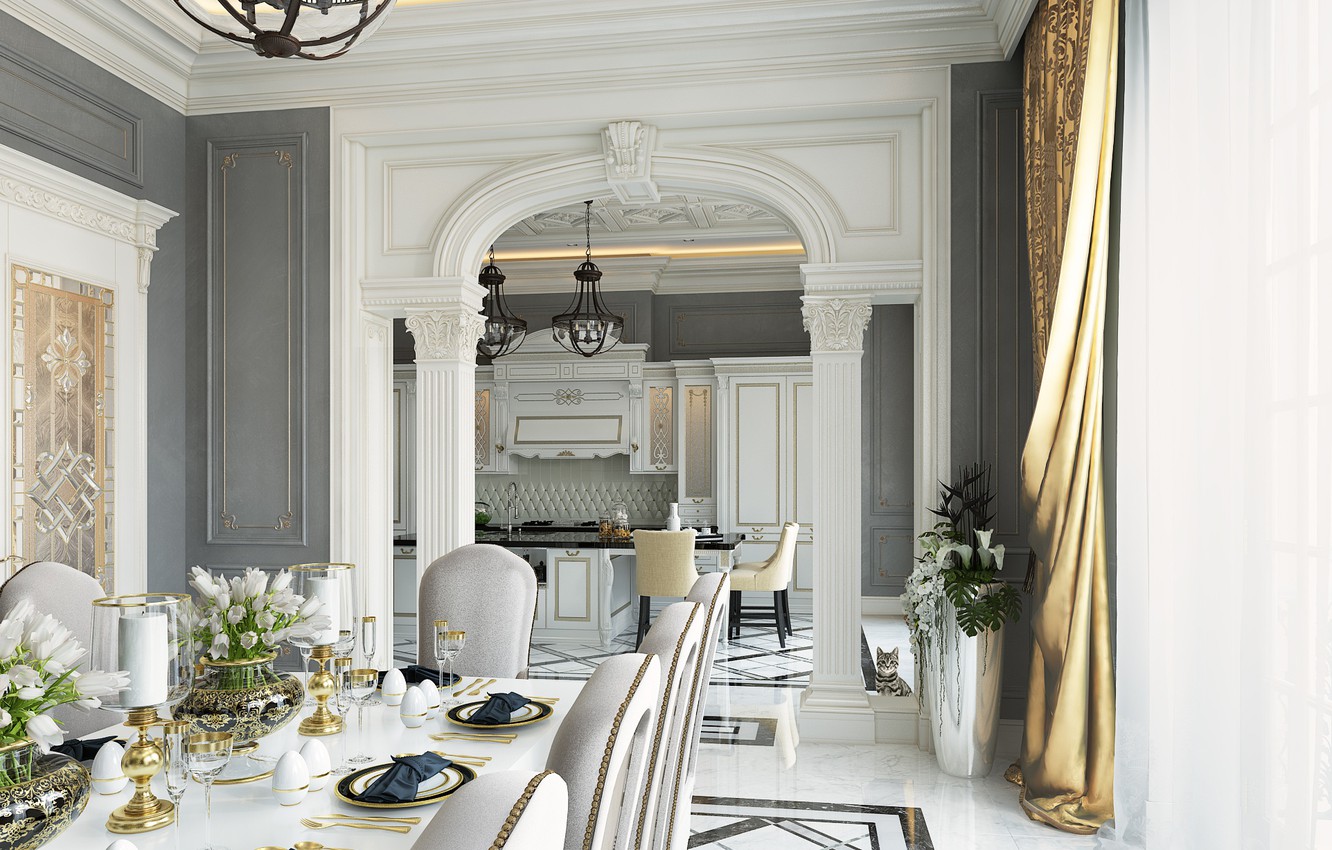 Photo Wallpaper Design, Table, Villa, Interior, Kitchen, - Dining Room - HD Wallpaper 