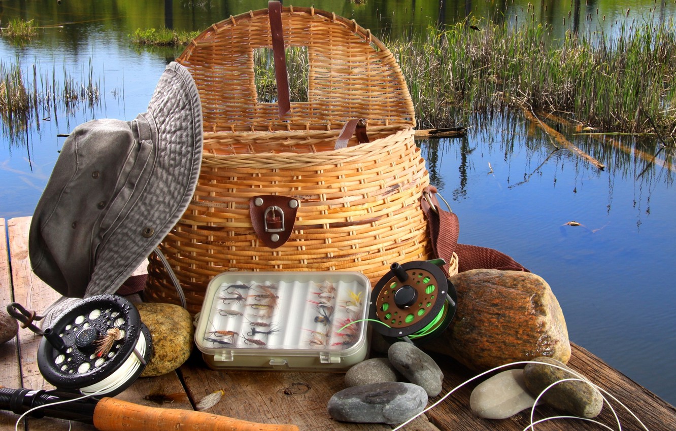 Photo Wallpaper Spring, Basket, Fly Fishing Equipment - Fishing Gear Paintings - HD Wallpaper 