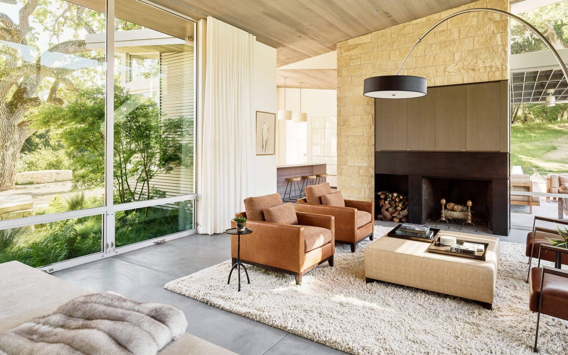 Living Room, Scandinavian Style, Fireplace, Armchairs, - Ground Studio Ranch Oh - HD Wallpaper 