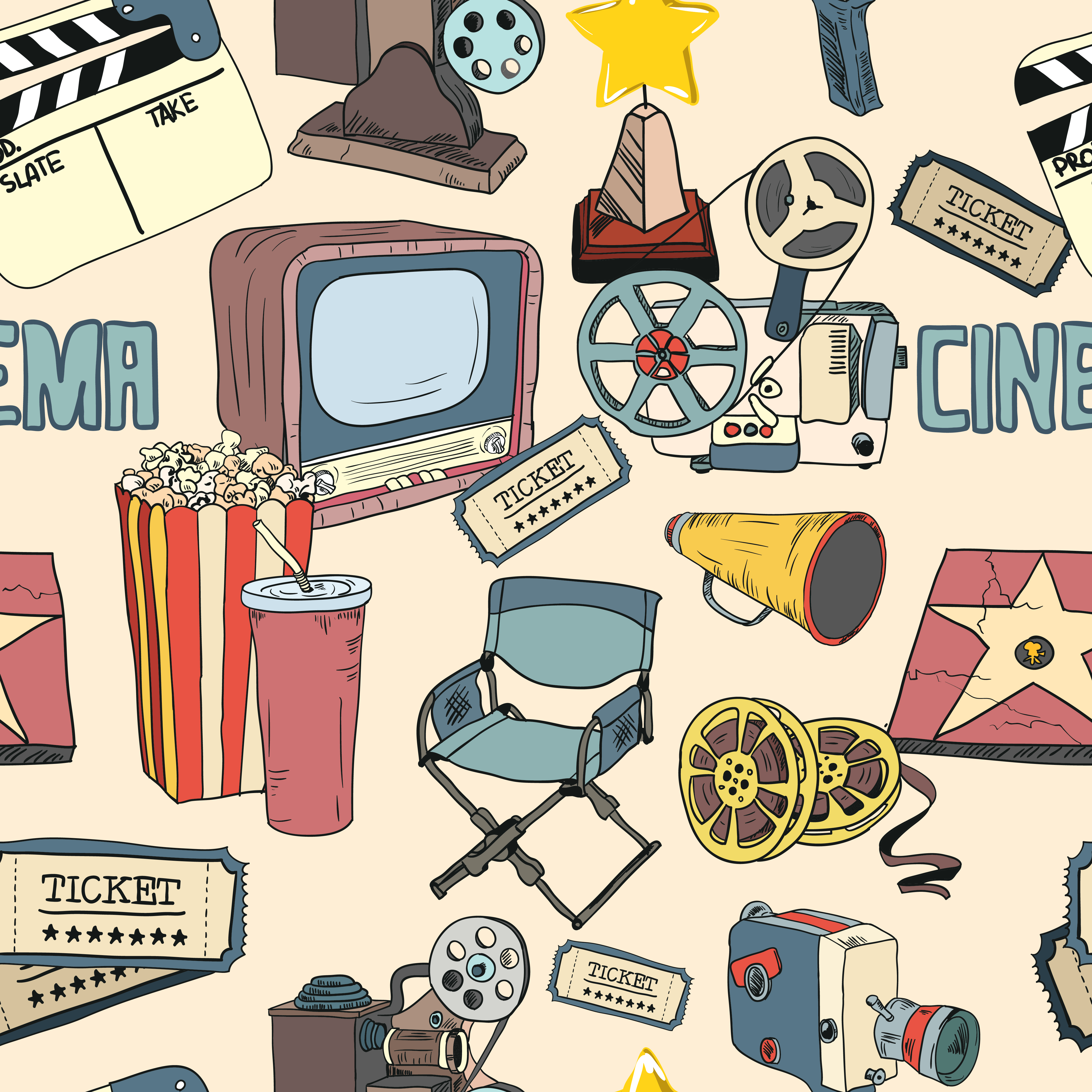 Colored Doodle Cinema Seamless Wallpaper - Fondos De Pantalla Cine - HD Wallpaper 