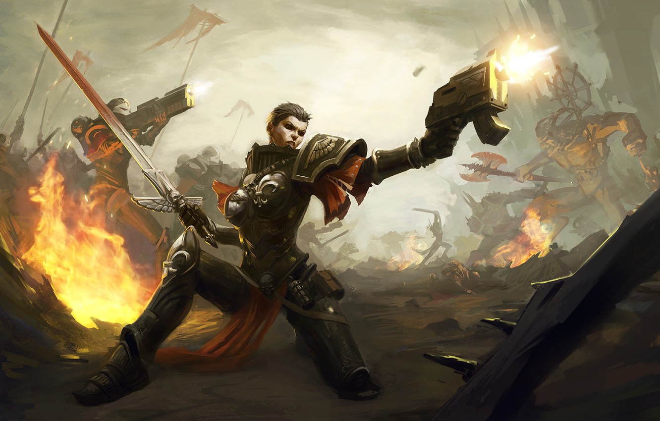 Photo Wallpaper Gun, War, Woman, Sword, Warhammer 40000, - Warhammer 40k Conquest Artwork - HD Wallpaper 