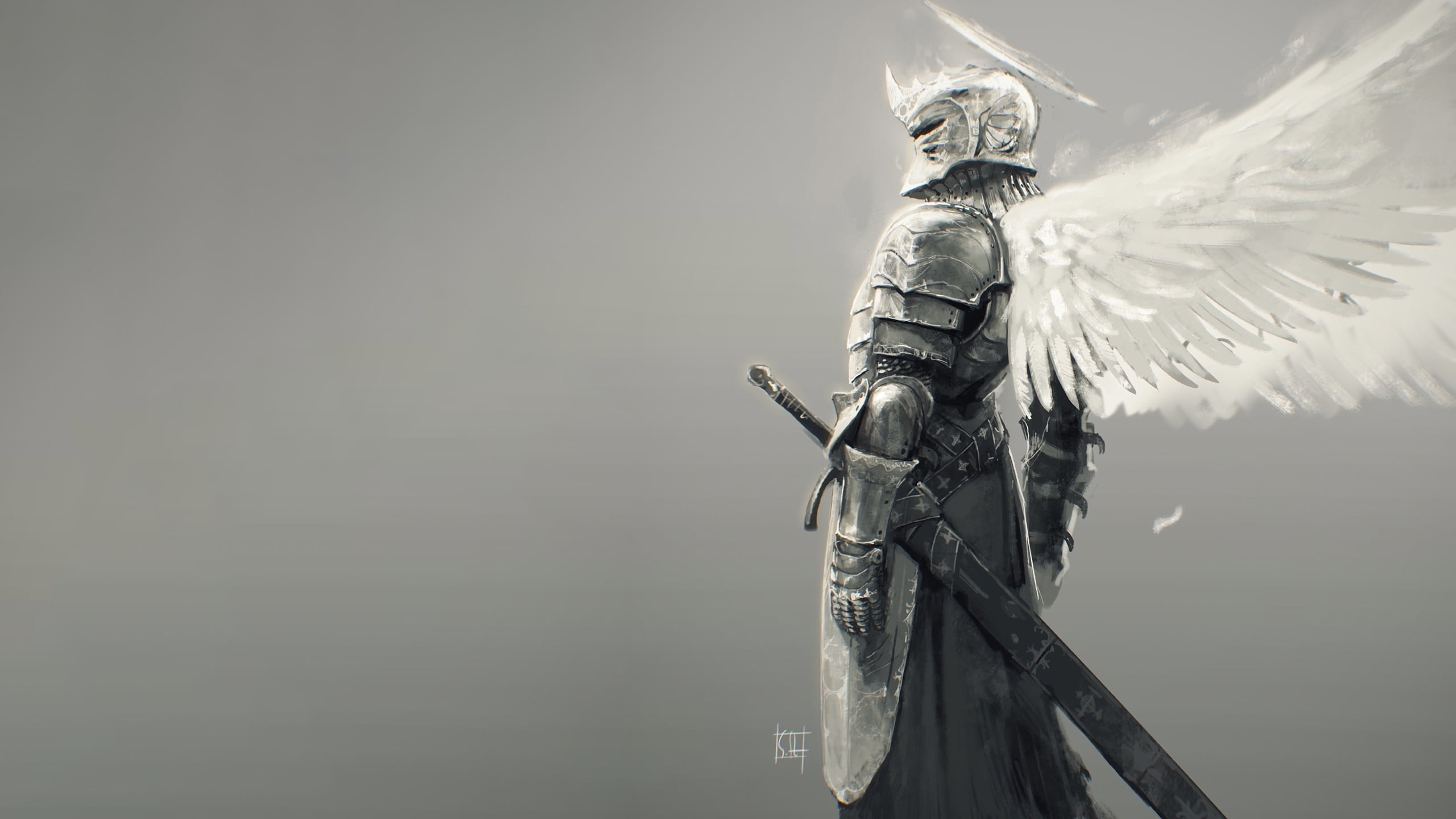2560x1440, Medieval Knight With Wings And Halo Illustration - Angel Knight - HD Wallpaper 