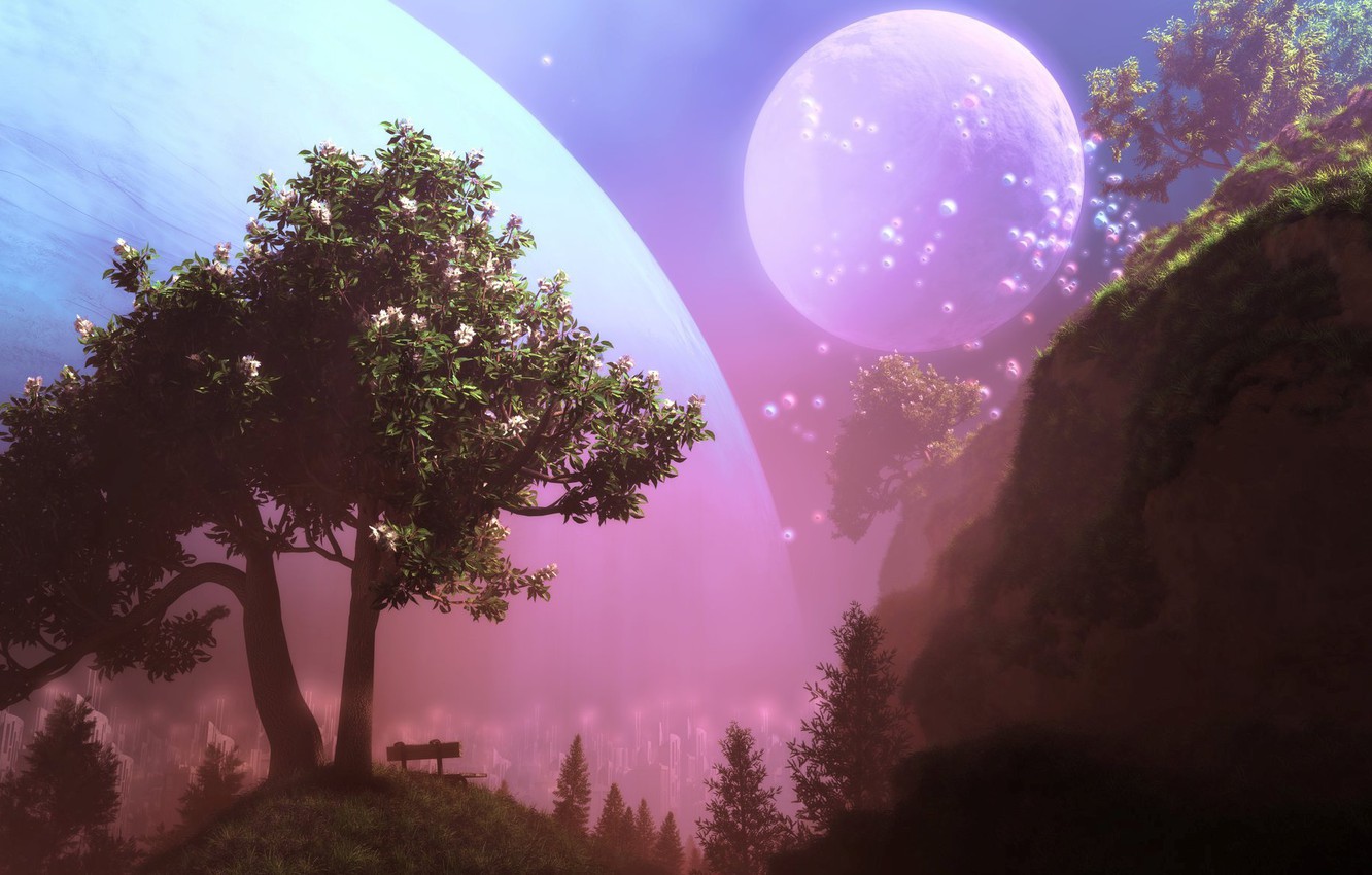 Photo Wallpaper Trees, Nature, Planet, Bench, Dystopia - Dystopia Planet - HD Wallpaper 