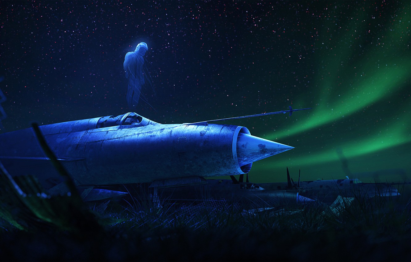 Photo Wallpaper The Sky, Night, The Plane, Fighter, - Aurora - HD Wallpaper 