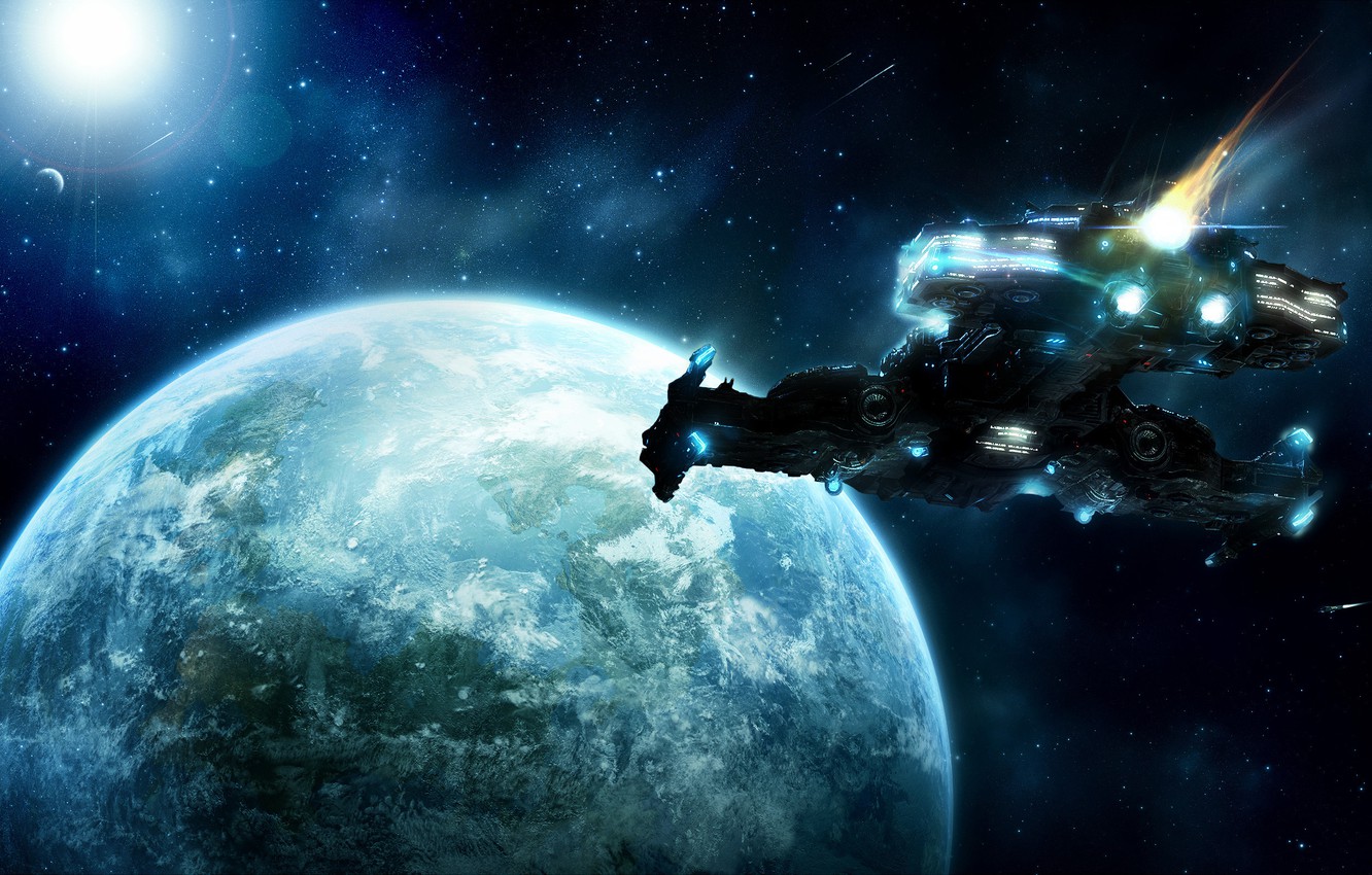 Photo Wallpaper Space, Earth, Planet, Stars, Comet, - Spaceship Flying To Earth - HD Wallpaper 