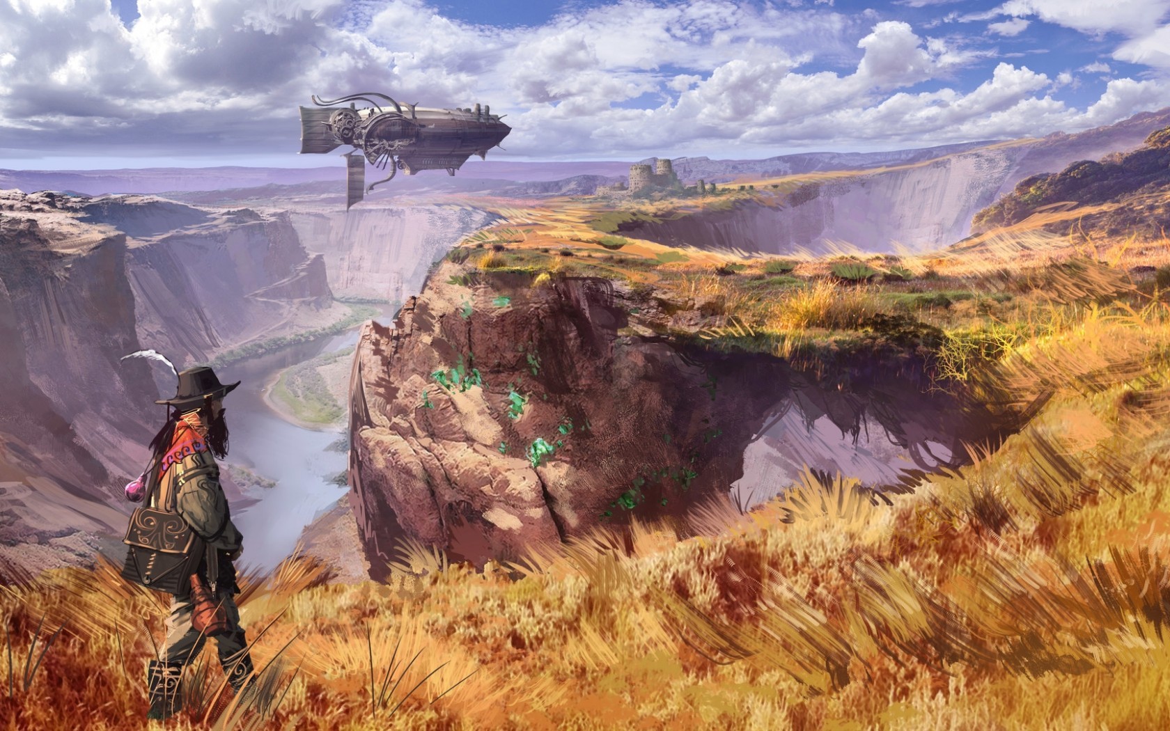 Steampunk World, Airship, Wanderer, Futuristic Landscape, - HD Wallpaper 