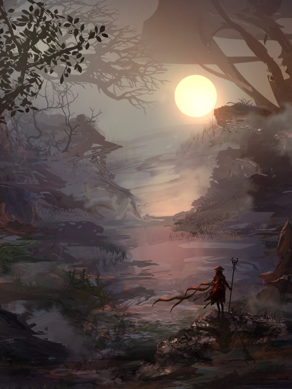 Magician, Wanderer, Sunrise, Foggy, Ruins, Artwork - Moon And Sun Iphone Art - HD Wallpaper 