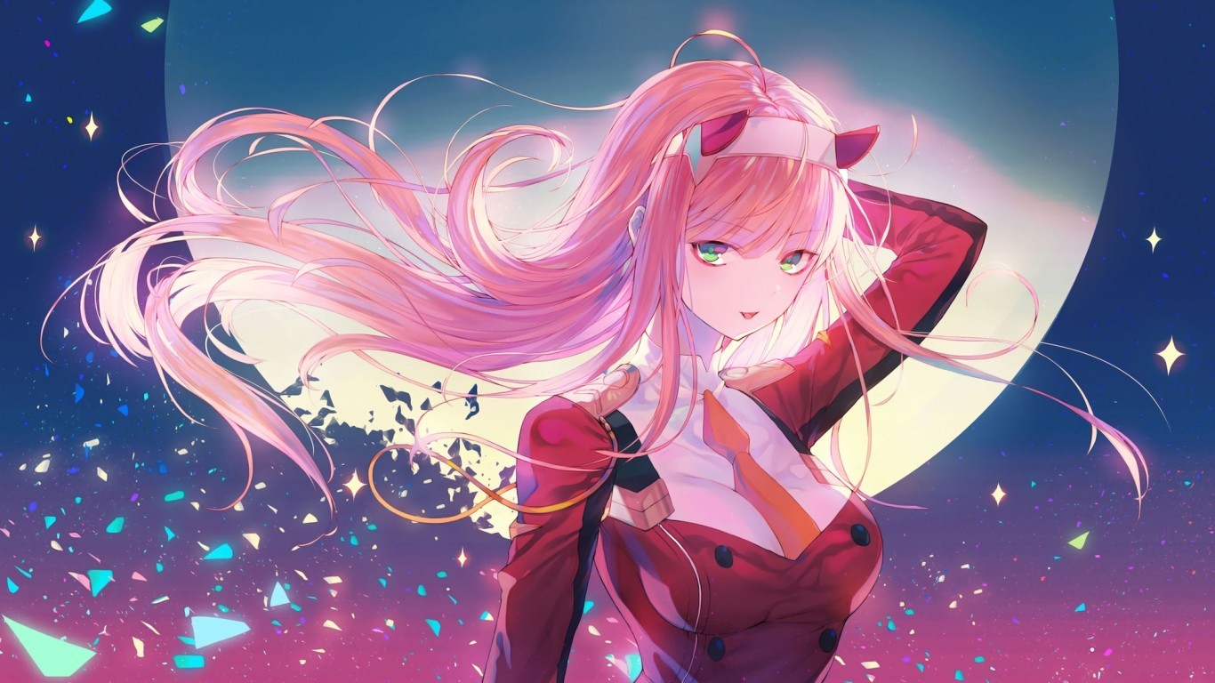 Darling In The Franxx, Zero Two, Pink Hair, Moon, Particles - Darling In The Franxx - HD Wallpaper 