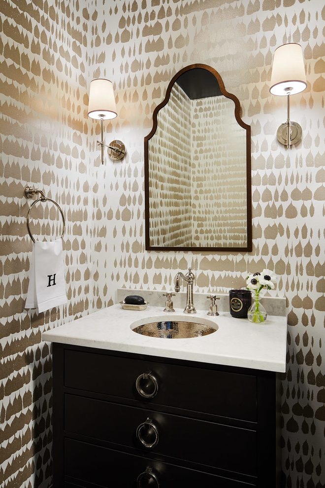 Bathroom Mirror Ideas Powder Room Wallpaper With Contemporary - Black White Bathroom Wallpaper Floral - HD Wallpaper 
